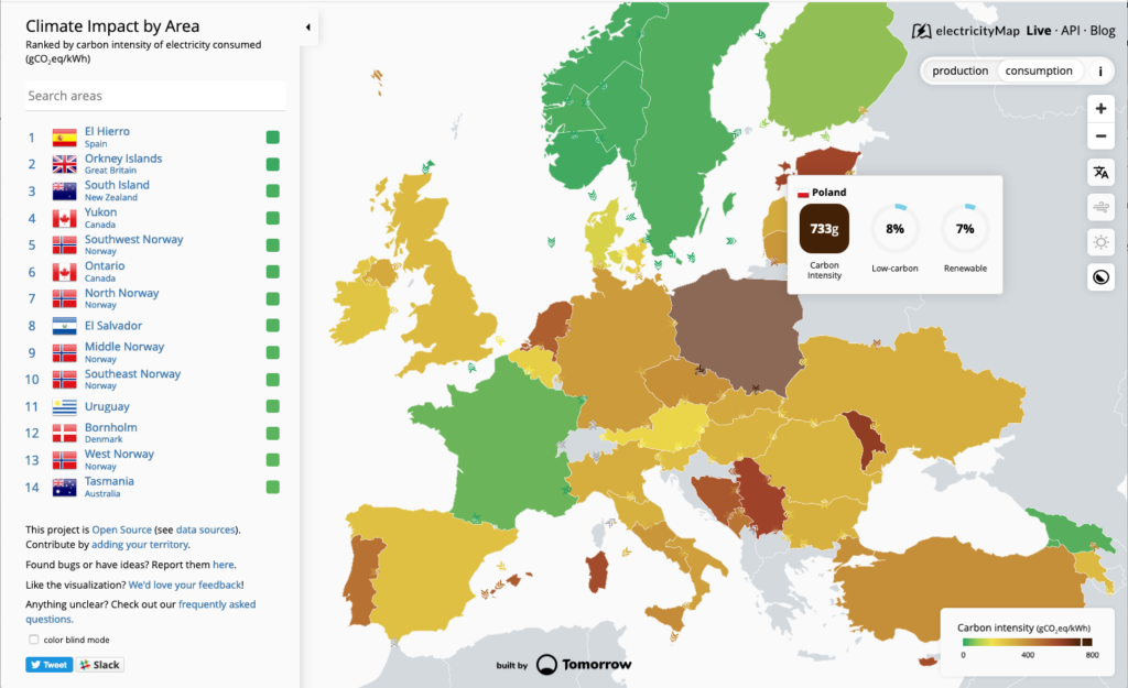 Electricity Map, showing Europe