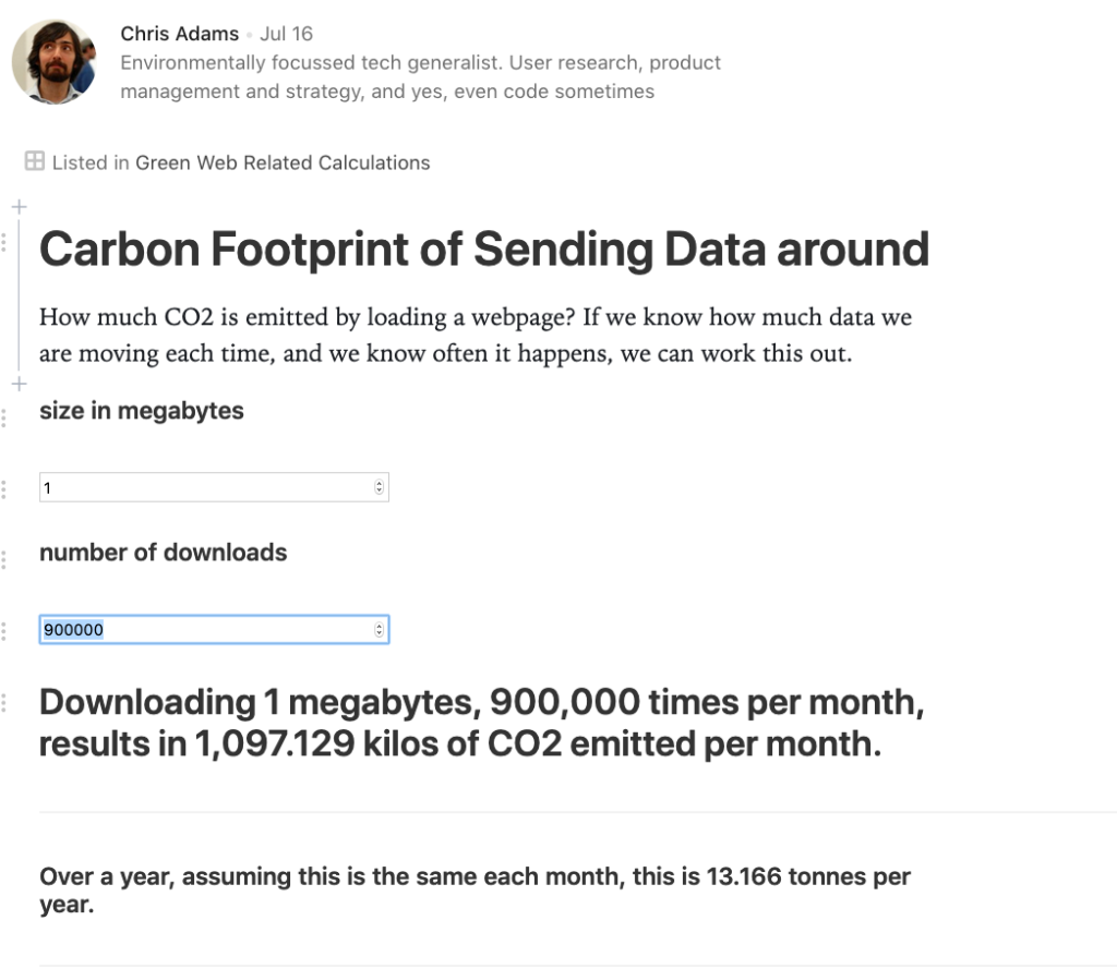 A screenshot of the an observable notebook, working out the emissions from a podcast