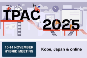 W3C TPAC promotional poster. Illustrated figures constructing a website with the words TPAC 2025 10-14 November Hybrid Meeting, Kobe Japan and Online.