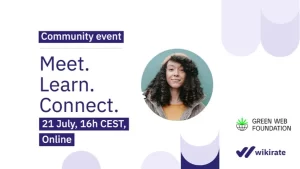 Ad banner for the coming meetup with Wikirate and Green Web Foundation, on 2023/07/21 16:00 CEST