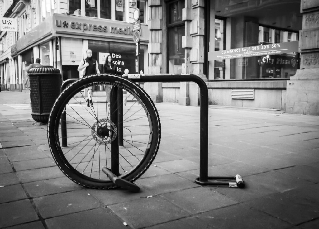 Locked wheel without a bike.
