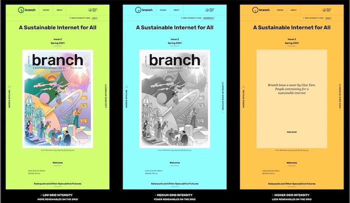 Three screenshots of the front page of Branch magazine showing the different carbon intensity designs.