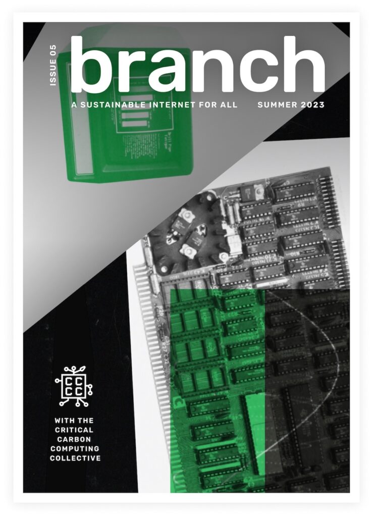 Digital collage in black, white and bright green, combining archival imagery of computer hardware and mining publications