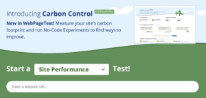 Screenshot of the webpagetest homepage featuring Carbon Control.