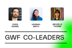 Portraits of the Green Web Foundation leadership team - Chris Adams, Hannah Smith and Michelle Thorne, with the title GWF Co-leaders