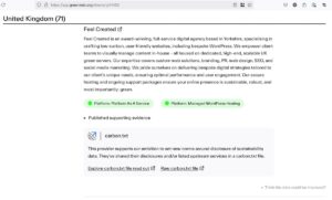 Screenshot showing the Green Web Directory listing for verified green hosting provider Feel Created