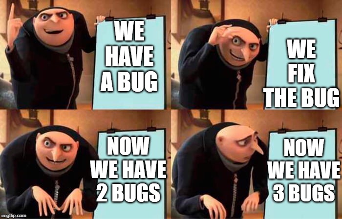 We have a bug. We fix the bug. Now we have 2 bugs. Now we have 3 bugs.