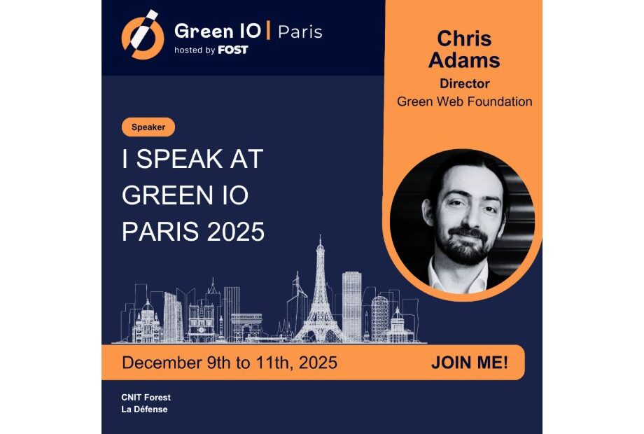 Promotion image, showing "Chris Adams. with "I speak at Green IO PAris 2024"