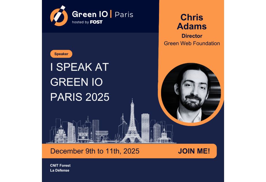 Promotion image, showing "Chris Adams. with "I speak at Green IO PAris 2024"