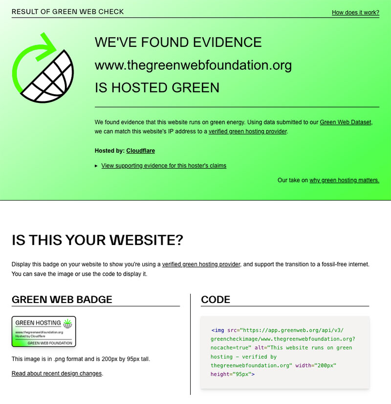 Green Web Check result for a site running on green hosting