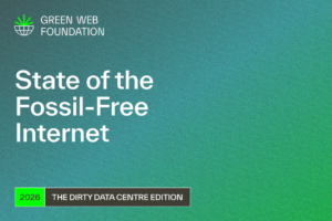 A calming green to dark blue gradient with the text: "State of the Fossil Free Internet - 2026 - the dirty datacentre edition"