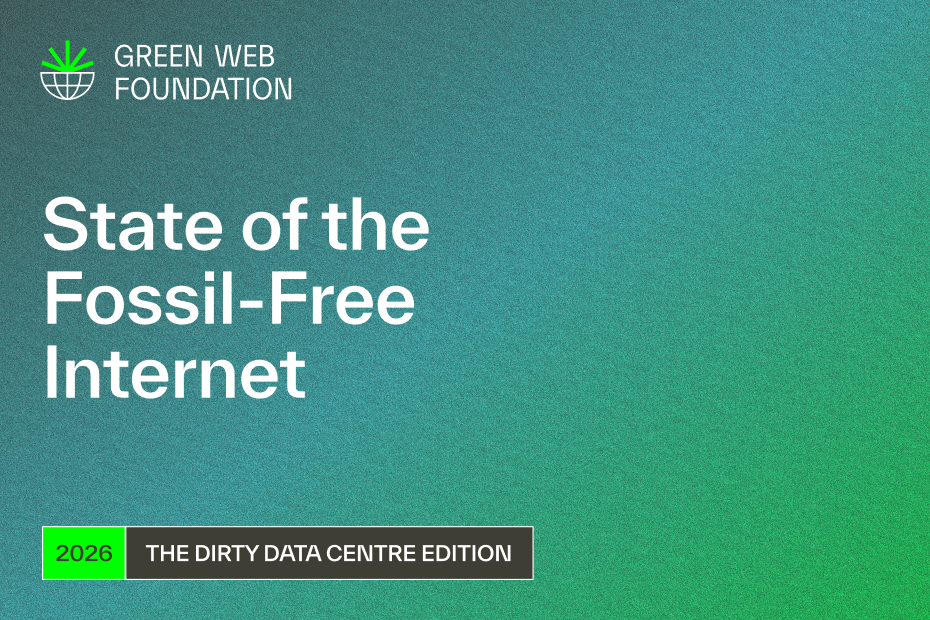 A calming green to dark blue gradient with the text: "State of the Fossil Free Internet - 2026 - the dirty datacentre edition"
