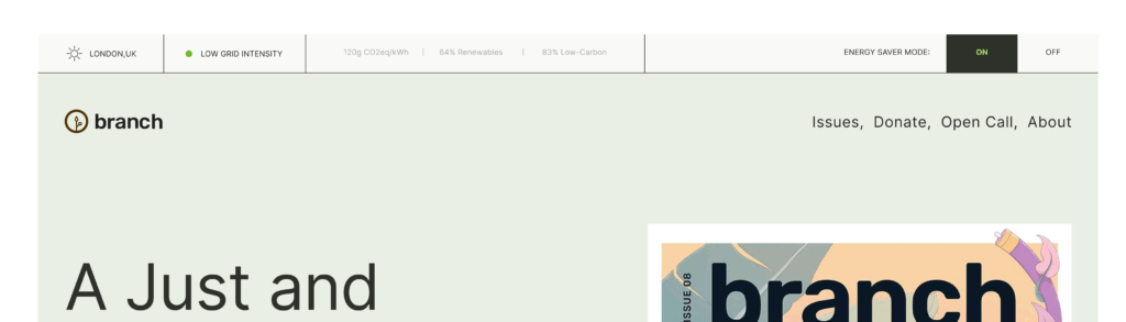 An website screenshot with a narrow bar at the top of the page divided into a few sections - location, grid intensity level, grid intensity data, and an energy saver mode switch.