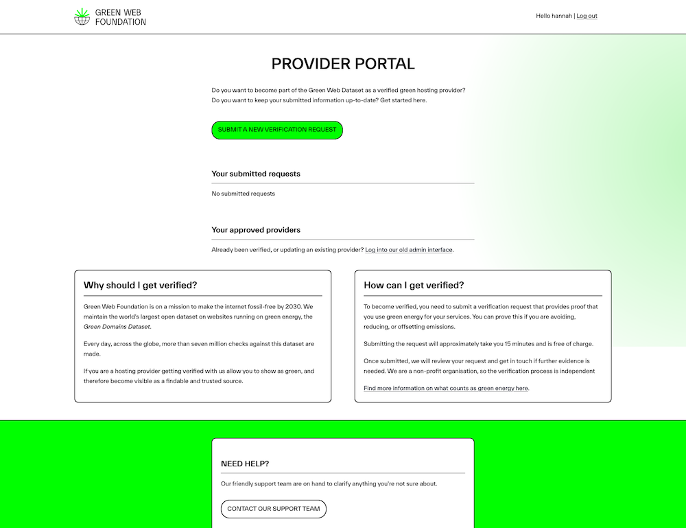 Green Web Foundation provider portal home page
