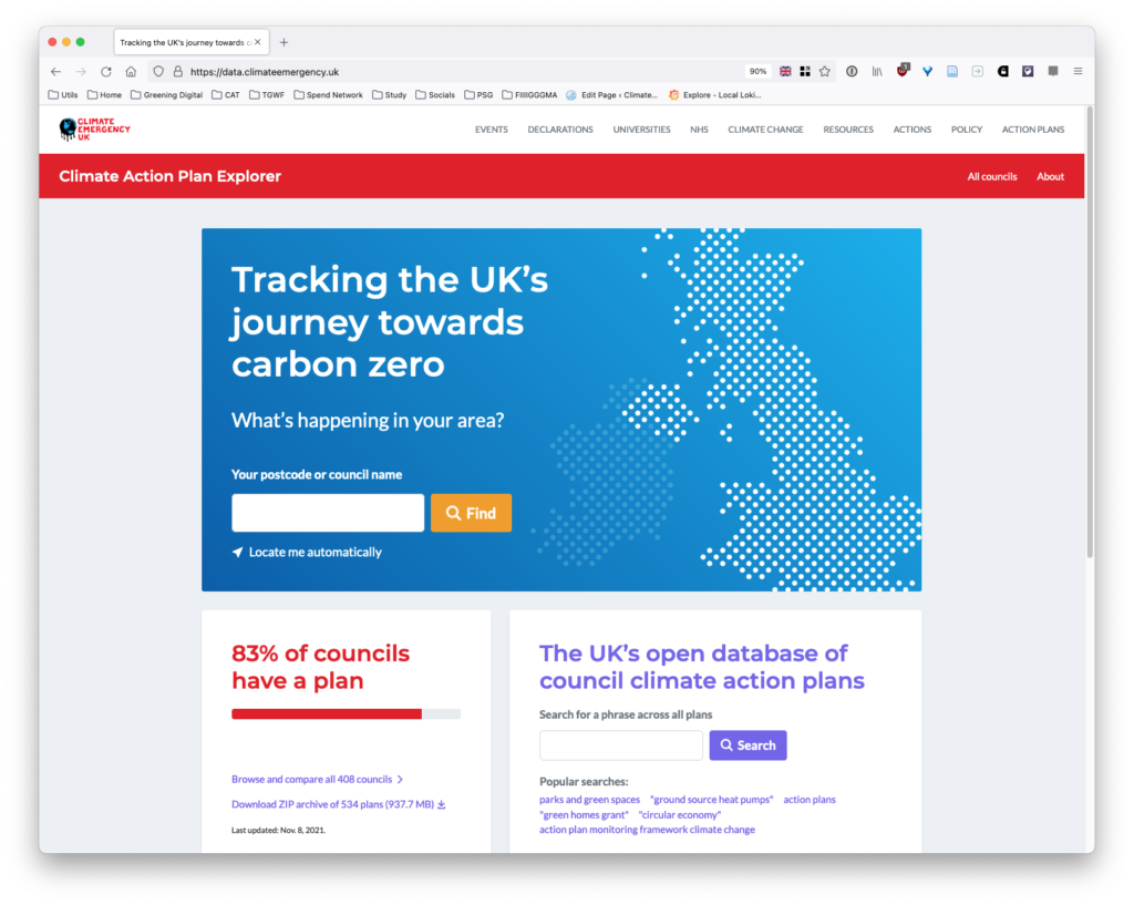 A screnshot of the the data.climateemergency site. The site shows a way to see all the UK council's climateplans and a way to find your own local one.