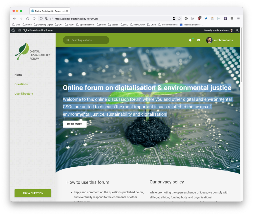 Screenshot of the digital sustainability website. Common digital/sustainability imagery is visible, along with a button to ask a question