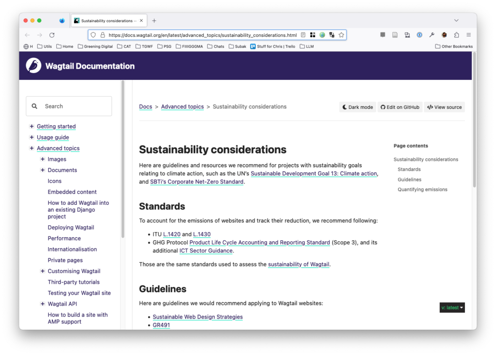 A screenshot of the wagtail documentation, showing some detailed sustainability recommendations and standards to refer to