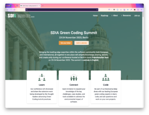 A screenshot of the SDAI Green Coding summit website, showing the venue, and the focus areas - learning , coding, and connecting