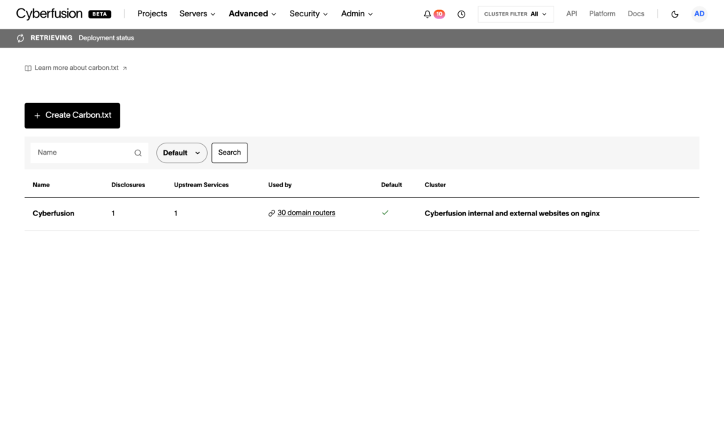 A screensho of the cyberfusion's platform showing the carbon.txt management options.