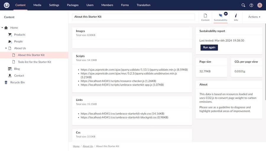 A screenshot of the information the Umbraco Sustainability Package provides - a page grade, the page size, CO2 estimation and list of resources loaded.