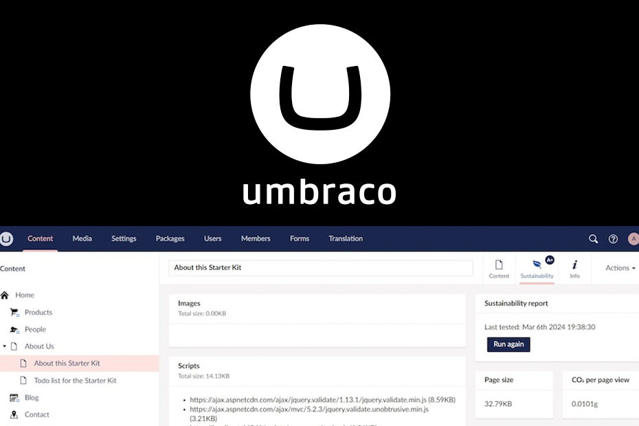 Umbraco 'U' logo with the top half of a screenshot of the Umbraco sustainability package underneath