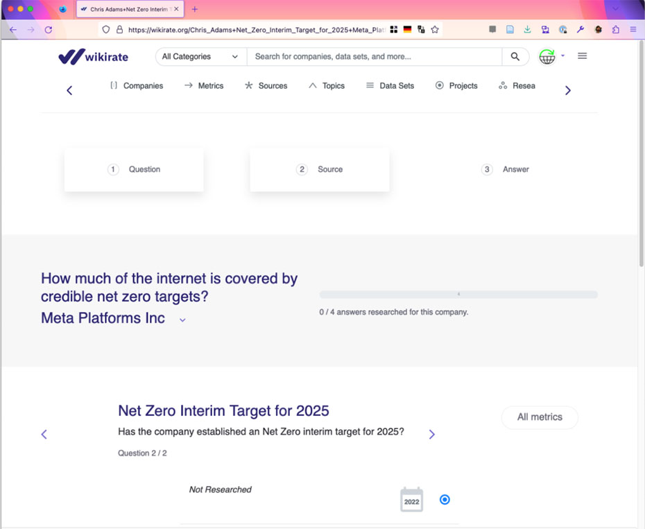 Screenshot of the Wikirate platform with the question "How much of the internet is covered by credible net zero targets?" in the center of the screen.