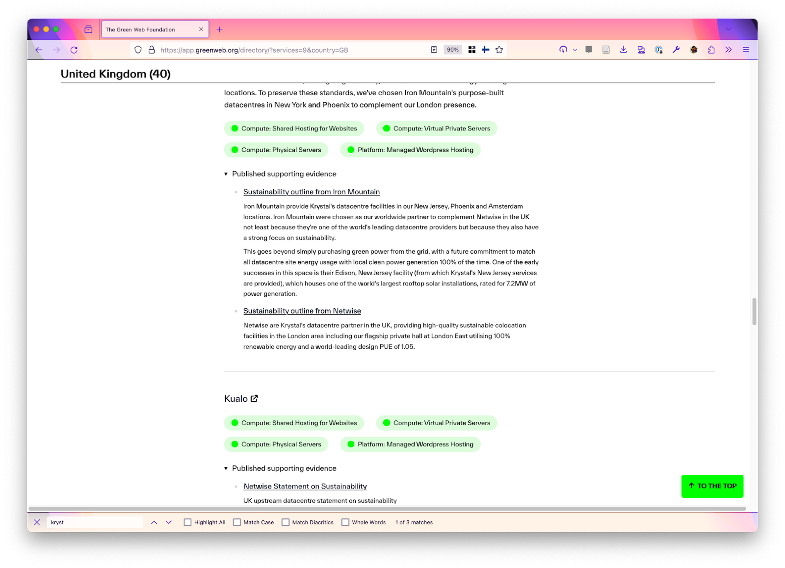 An example screenshot of more detailed sustainability disclosure from hosting provider. Krystal is listing the sustainability informatio from their supply chain partners.