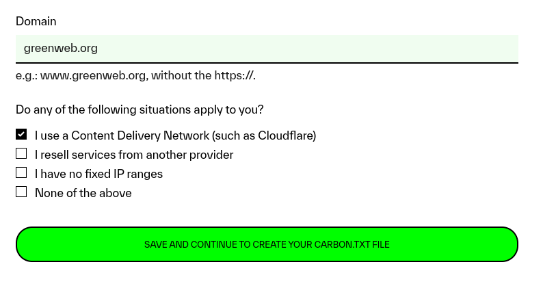 A screenshot of the primary domain form - it includes a text field for the domain itself (and help text clarifying that the https:// part should not be included) as well as a multiple choice question about particular hosting situations, such as use of a CDN, reselling services from another provider, or not having fixed IP ranges,