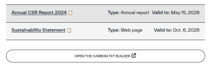 A screenshot showing evidence for a provider - it has two rows, one for an Annual CSR Report and another for a sustainability statement. For each one, it's validity date and type is listed. The URL of each can be copied with a small button showing the clipboard emoji.