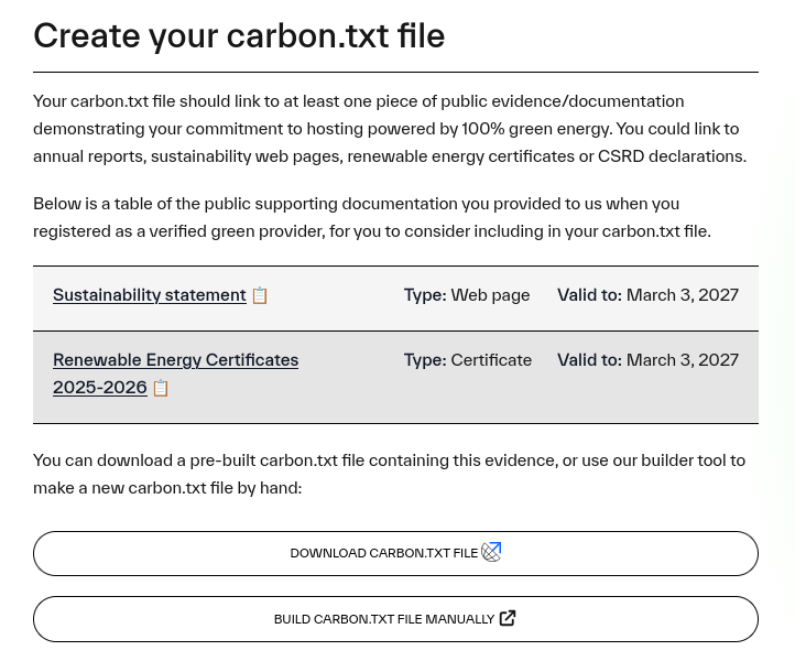The new interface in the provider portal - it provides a summary of the public evidence we have for your organization, as well as the option to download a pre-built carbon.txt containing all your public evidence.