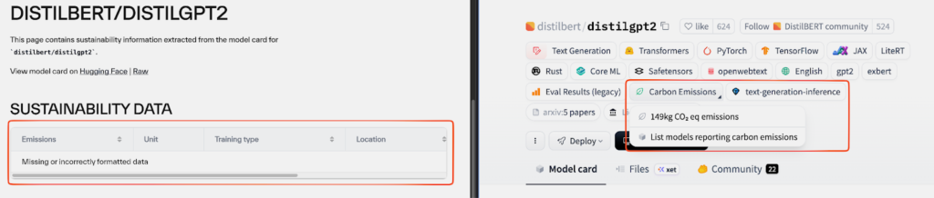 Side-by-side screenshots of showing the DistilGPT2 model information shown on the carbontxt website, and Hugging Face. The carbontxt website shows a result of "Missing or incorrectly formatted data" and the Hugging Face page shows a value of "149kg CO2 eq emissions".