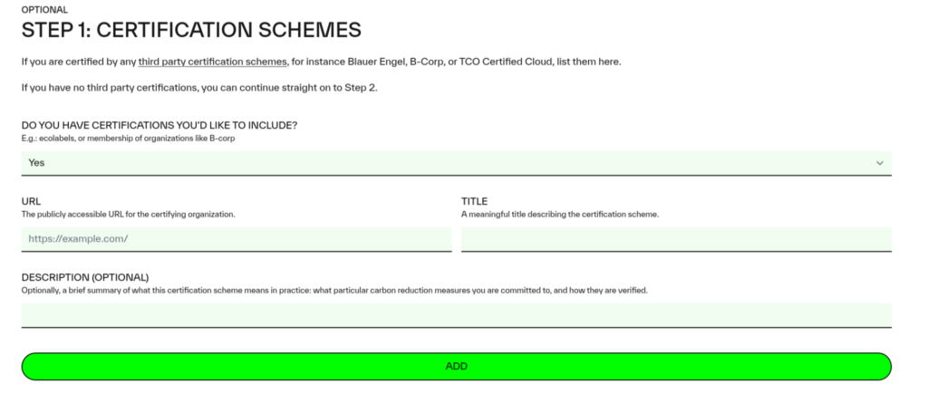 Screenshot of carbon.txt builder tool certification schemes fields