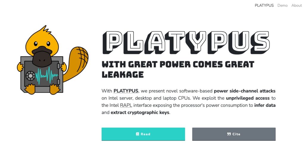 A screenshot of platypus website, saying:  WITH GREAT POWER COMES GREAT LEAKAGE  With PLATYPUS, we present novel software-based power side-channel attacks on Intel server, desktop and laptop CPUs. We exploit the unprivileged access to the Intel RAPL interface exposing the processor's power consumption to infer data and extract cryptographic keys.