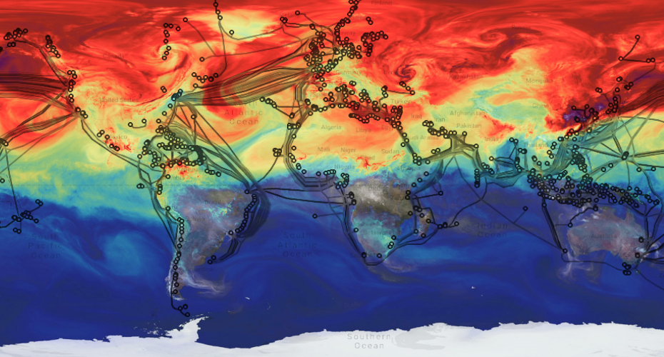 Collage of internet submarine cables map over NASA's greenhouse gas visualization. Higher concentrations are in red above the equator.